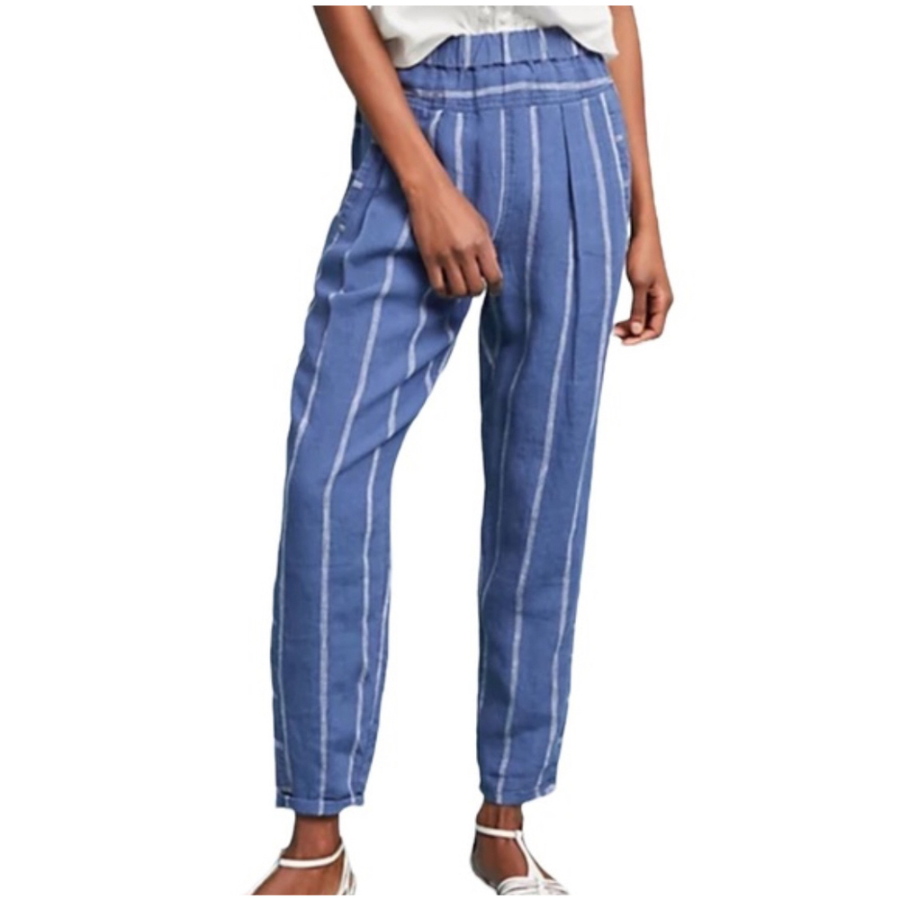Anthropologie Blue White Striped‎ Linen Straight Leg Pants S